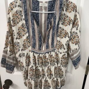 Lucky Brand Floral Boho Blouse - Blue and Cream